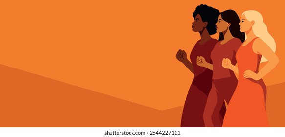 Women's day. Vector banner with space for text. Three women of different nationalities and cultures together. Movements for gender equality and women's empowerment. Women's power, equality, feminism