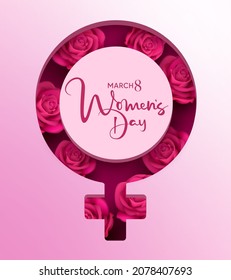 Diseño de concepto vectorial de día de la mujer. Texto del día de la mujer en 3d símbolo femenino con elegante elemento femenino de rosas para mensajes de bienvenida de celebración internacional. Ilustración vectorial.
