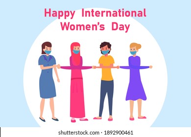 Women's day vector concept: Group of young women wearing face mask while joining hands in women's day