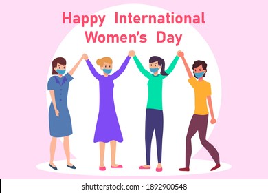 Women's day vector concept: Group of women joining hand together while wearing face mask