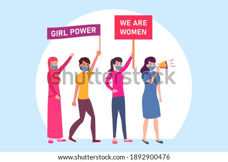 Women's day vector concept: Group of women doing demonstration together while wearing face mask