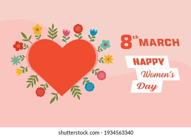 Concepto vectorial del día de la mujer: Feliz texto del día de la mujer con símbolo de corazón rojo y flores en fondo rosado