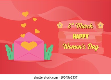 Women's day vector concept: Heart symbol flying out from open envelope with Happy women's day text on red background