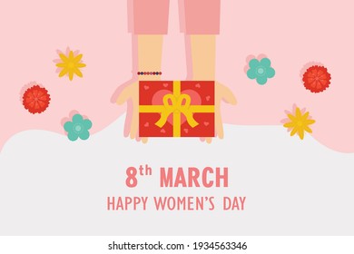 Women's day vector concept: Woman hands holding a gift box with Happy Women's Day text surrounded by flowers