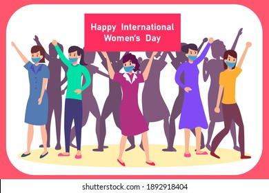 Women's day vector concept: Young woman hold happy international women's day text while wearing face mask