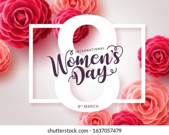 Women's day vector design. Women's day greeting text with red camellia flowers background for woman international celebration. Vector illustration 