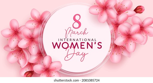 Women's day vector design. International womens day greeting text in circle white space with flowers feminine element for march 8 female celebration messages. Vector illustration.
