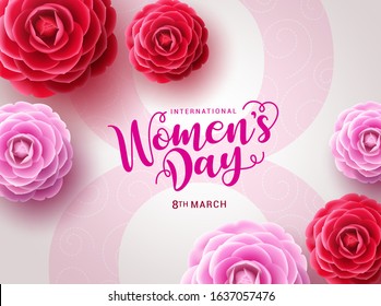 Women's day vector design. March 8 international woman's day celebration text with camellia flowers in big pink eight in white feminine background. Vector illustration 