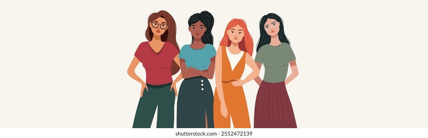 Dia da Mulher. Banner plano vetor com espaço para texto, mulheres diferentes se mantêm juntas, simbolizam amizade feminina, liberdade e força. Conceito de feminismo, igualdade de gênero