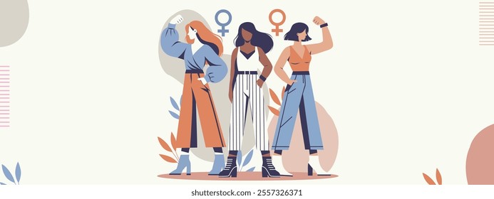 Women's day. Vector flat design with space for text. Strong women, feminism. Women standing together as a sign of strength and unity. Gender equality and women empowerment. For social media, webdesign