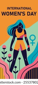 Women's day. Vector flat illustration strong woman, feminism. Woman on bright abstract background. Gender equality and women's empowerment. For social media, posters, advertising