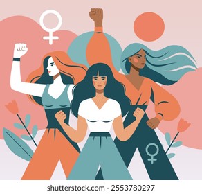 Women's day. Vector flat illustration strong woman, feminism. Woman on bright abstract background. Gender equality and women's empowerment. For social media, posters, advertising