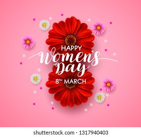 Women's day vector greeting card design. Happy women's day text with colorful flowers in pink background for March 8 event. Vector illustration.