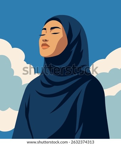 Women's day. Vector illustration of arabic muslim woman in hijab with closed eyes looking up. Symbol of freedom, feminism, female dignity. Movements for gender equality and women's empowerment