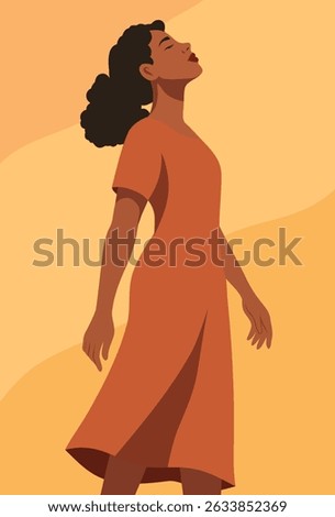 Women's Day. Vector illustration of a beautiful African American woman with closed eyes looking up. Symbol of freedom, feminism, female dignity. Movements for gender equality, women's empowerment