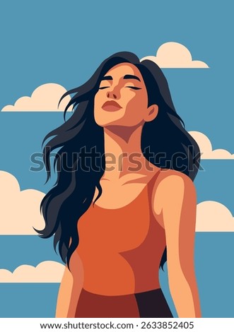 Women's Day. Vector illustration of a beautiful woman with closed eyes looking at the sky. Symbol of freedom, feminism, female dignity. Movements for gender equality, women's empowerment