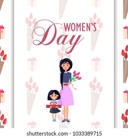 Womens day vector illustration card with dark-haired joyful mother holding bouquet of pink flowers and smiling daughter carring present in red box