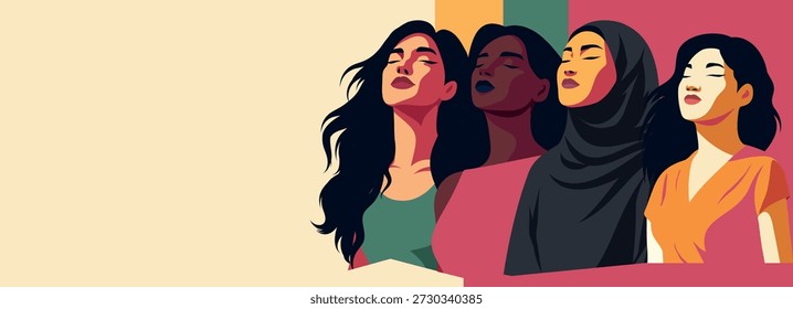 Dia da Mulher. Ilustração vetorial de quatro mulheres de diferentes culturas e nacionalidades de pé juntas e olhando para cima. Feminismo, liberdade. Movimento para a Igualdade de Gênero e o Empoderamento das Mulheres