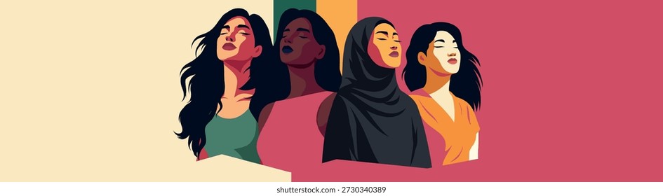 Women's day. Vector illustration of four women of different cultures and nationalities standing together and looking up. Feminism, freedom. Movement for gender equality and women's empowerment