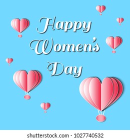 Women's day vector illustration with heart shaped hot air balloons. Paper cutting isolated elements. 