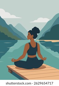Women's day. Vector illustration of a Latino woman in a yoga meditation pose on a pier near a lake and mountains. Symbol of care, health, self-acceptance and harmony. For women's and health projects
