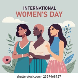 Women's day. Vector illustration of three different women hug each other, symbolizing female power and the fight for empowerment. Suitable for women's day, website, social media, advertising