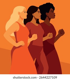 Women's day. Vector illustration of three women of different nationalities and cultures. Movements for gender equality and women's empowerment. Symbol of women's power, equality and feminist movement