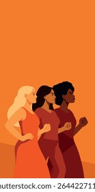 Women's day. Vector illustration of three women of different nationalities and cultures. Symbol of women's power, equality and feminist movement. Movements for gender equality and women's empowerment