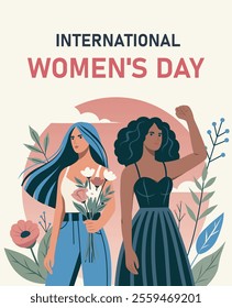 Women's day. Vector illustration of two different women with flowers and protest gesture symbolizes gender equality and fight for empowerment. Suitable for women's holidays, website, social media