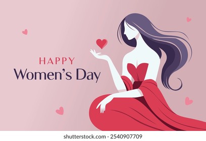 Women's Day vector illustration of a woman holding a small heart in her hand