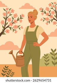 Women's day. Vector illustration of a woman in overalls watering a garden from a watering can. Spring weather, trees are blooming. Women's Day. Labor Day. The image of a strong, hardworking woman