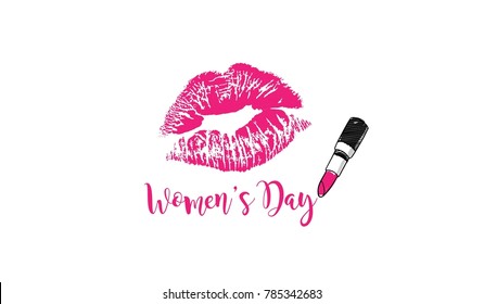 Women's Day vector sexy lips in pink with text Women's Day written by pink color lipstick