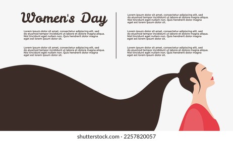 fondo de la plantilla vectorial del día de la mujer con el pelo largo oscuro sobre fondo blanco