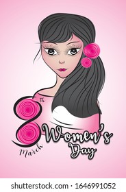 Women's day vector template can be cuse poster, flyer, banner, Postcard, greeting card,  brochures. 8 march. hand drawn women cartoon vector. number 8 in pink flower concept.