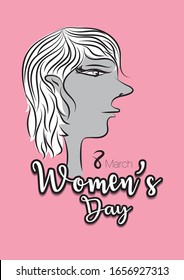 Women's day vector template can be cuse poster, flyer, banner, Postcard, greeting card,  brochures. 8 march. hand drawn women cartoon vector. number 8 in pink flower concept.