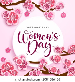 Women's day vector template design. International women's day text in white circle space with cherry blossom tree for feminine greeting card background. Vector illustration.
