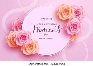 Diseño de plantillas vectoriales para el día de la mujer. Feliz texto del día de la mujer en el espacio circular con hermosa decoración de flores para la celebración internacional del 8 de marzo. Ilustración vectorial.