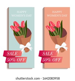 Women's day vertical congratulatory banners with bouquet of tulips and with the number eight. Vector illustration 