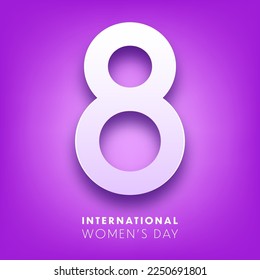 Women's day violet background with text. March 8 international holiday. Greeting card with number and date. Vector illustration.