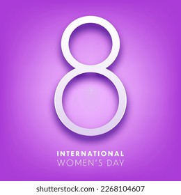 Women's day violet background with text. March 8 international holiday. Paper greeting card with number and date. Vector illustration