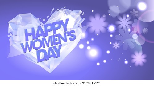 Women's day web banner template with heart shaped diamond and bokeh lights flowers, 8 march vector mockup