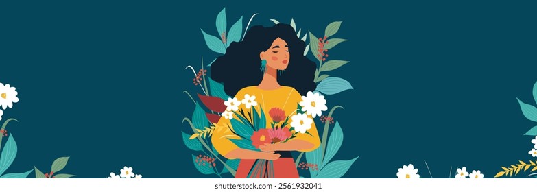 Women's Day. Woman as a symbol of feminism, freedom and equality. Vector illustration with space for text, woman holding a bouquet of flowers. Background of plants and leaves