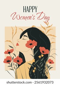 Women's Day. Woman as a symbol of feminism, freedom and equality. Vector abstract illustration, woman among flowers. Soft beige shades symbolize tenderness, freedom, protection and natural