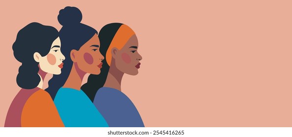 Women's day. Women of different cultures and nationalities stand side by side on beige background. Concept of movement for gender equality and women's empowerment. Vector creative banner place for tex