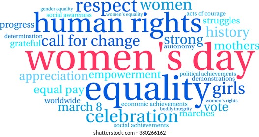 Women's Day word cloud on a white background. 