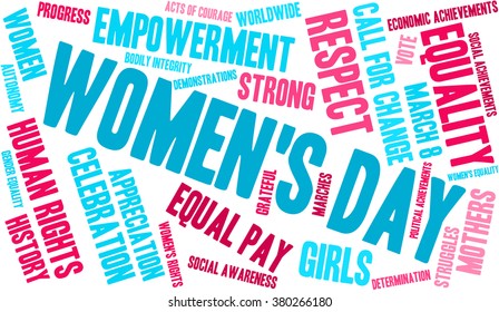 Women's Day word cloud on a white background. 