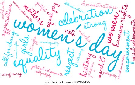 Women's Day word cloud on a white background. 