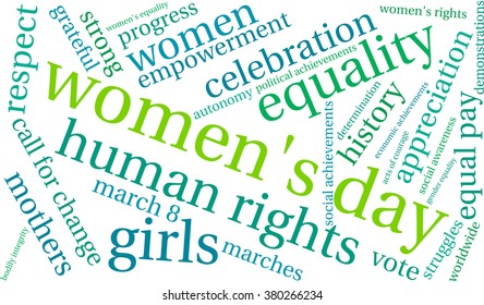 Women's Day word cloud on a white background. 