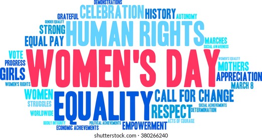 Women's Day word cloud on a white background. 