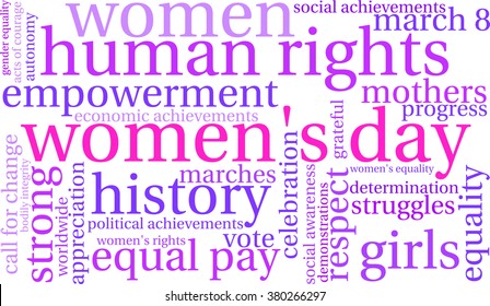 Women's Day word cloud on a white background. 